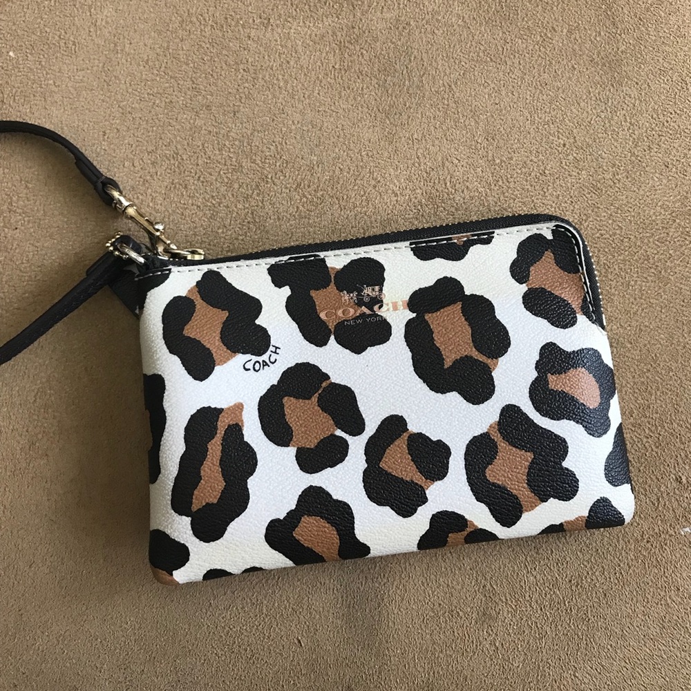 Coach leopard print leather wristlet